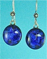 Round blue dichroic glass earrings